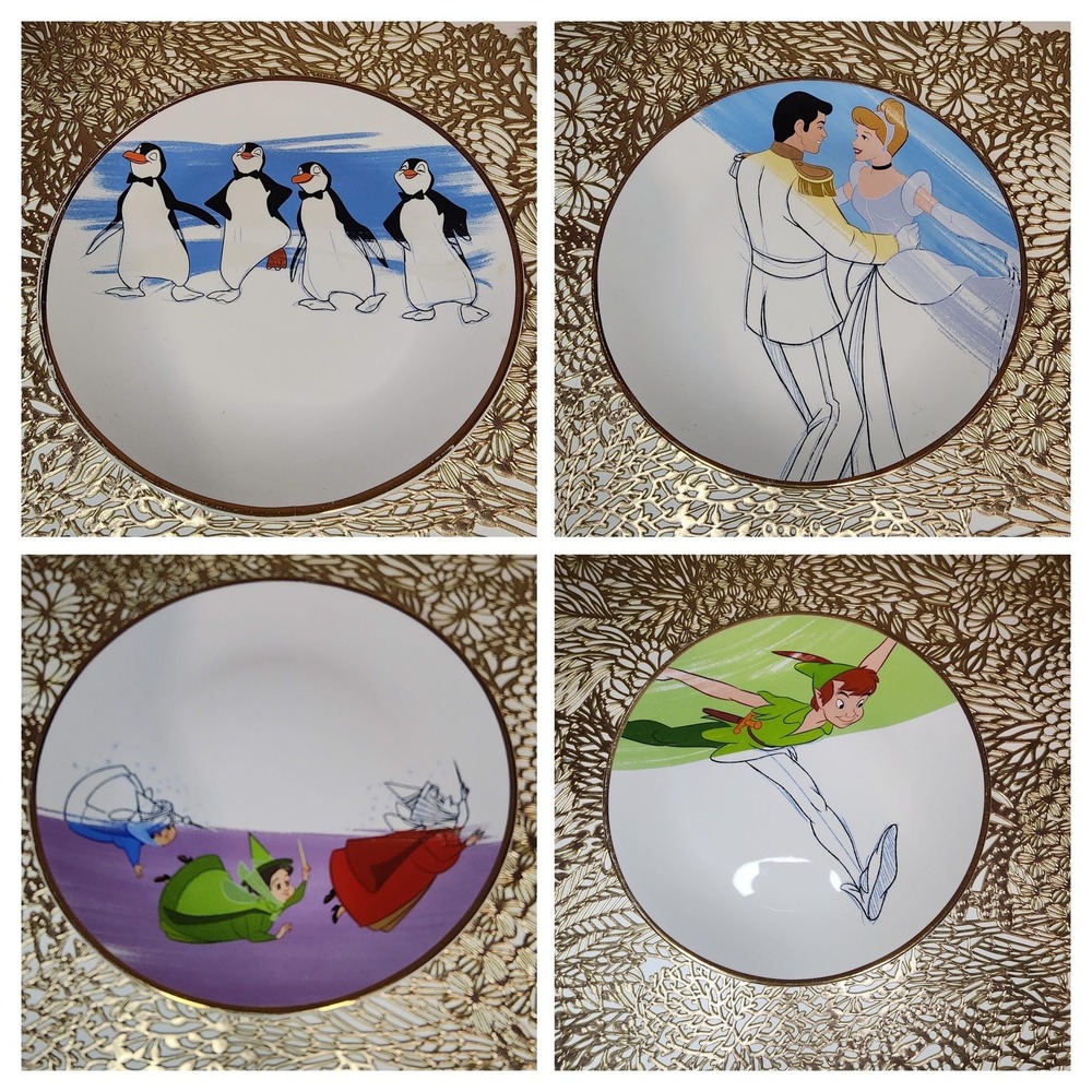 Disney Parks Ink & Paint 4pc Ceramic Salad Plate Set Peter Pan Cinderella 8in
